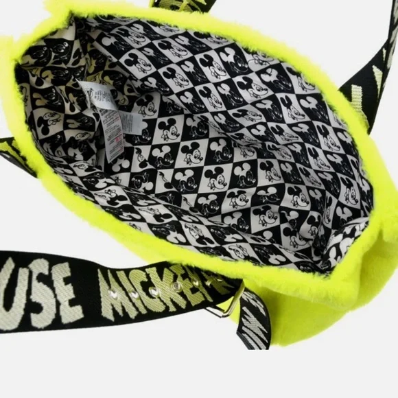 Mickey Mouse Tote Bag Fake Fur Neon Yellow Retro Disney Japan New - Picture 6 of 7